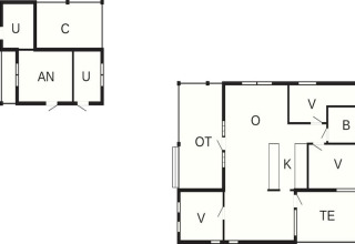 Planimetria di una casa vacanze per 6 persone a Glesborg, Danimarca, con stanze e aree evidenziate.