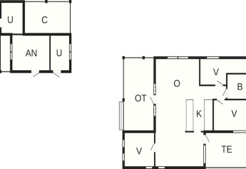 Plano de una casa de vacaciones para 6 personas en Glesborg, Dinamarca, con habitaciones y áreas destacadas.