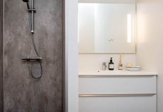 Moderne badkamer met douche, verlichte spiegel en witte wastafel in een 8-persoons vakantiehuis in Ansager.