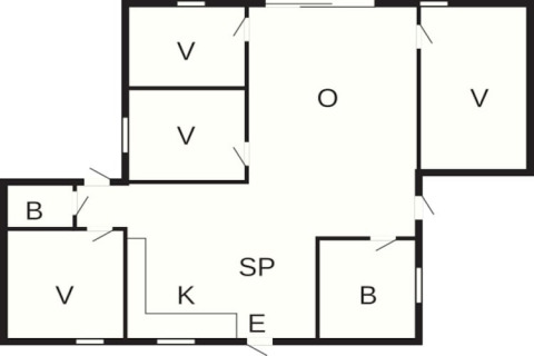 Grundriss eines Ferienhauses für 8 Personen in Ansager, Dänemark mit Schlafzimmern, Küche und Bädern.