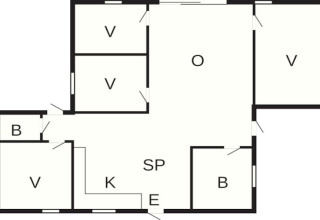 Plattegrond van 8-persoons vakantiehuis in Ansager, Denemarken met slaapkamers, badkamers en keuken.