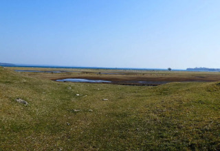 Pradera abierta y estanques cerca de la 'Casa de vacaciones para 12 personas en Millinge', Dinamarca, cielo azul.
