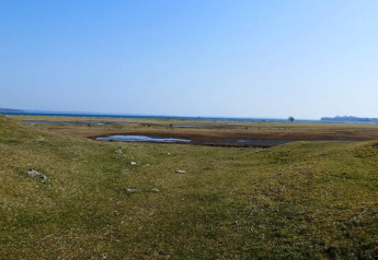 Uitzicht op open graslanden en vijvers bij '12-persoons vakantiehuis in Millinge', Denemarken, onder blauwe lucht.