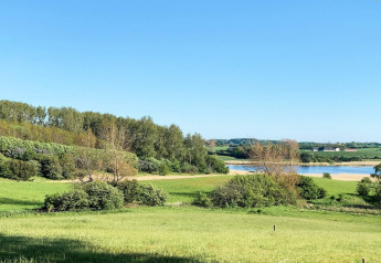 Groen landschap met meer en blauwe lucht bij 12-persoons vakantiehuis in Millinge, Denemarken.