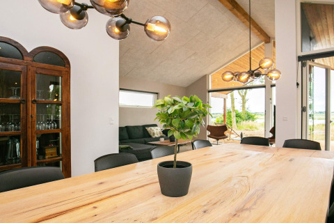 Sala da pranzo nella casa vacanze per 12 persone a Millinge, Danimarca, con tavolo in legno e pianta.