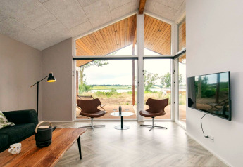 Séjour moderne d'une maison de vacances 12 personnes à Millinge, Danemark, avec grandes fenêtres et vue nature.