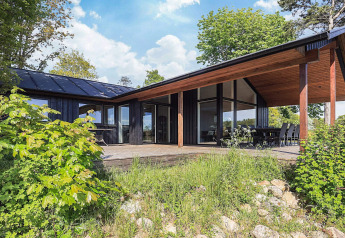 Modern 12-persoons vakantiehuis in Millinge, Denemarken, met groot terras en groene natuurlijke omgeving.