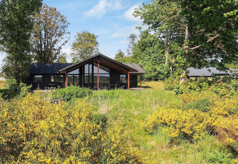 12-persoons vakantiehuis in Millinge, Denemarken, omgeven door bomen en gele bloemen in de natuur.