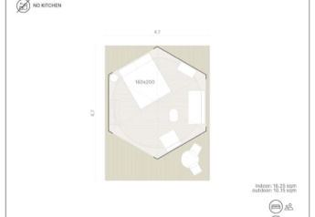 Floor plan of a safari bell tent for 2 people, with no bathroom, shower, kitchen, and no pets allowed.
