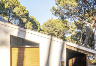 Hvid safari-inspireret Bell Tent ved Wecamp Cala Montgó, omgivet af høje fyrretræer og sollys i Spanien.
