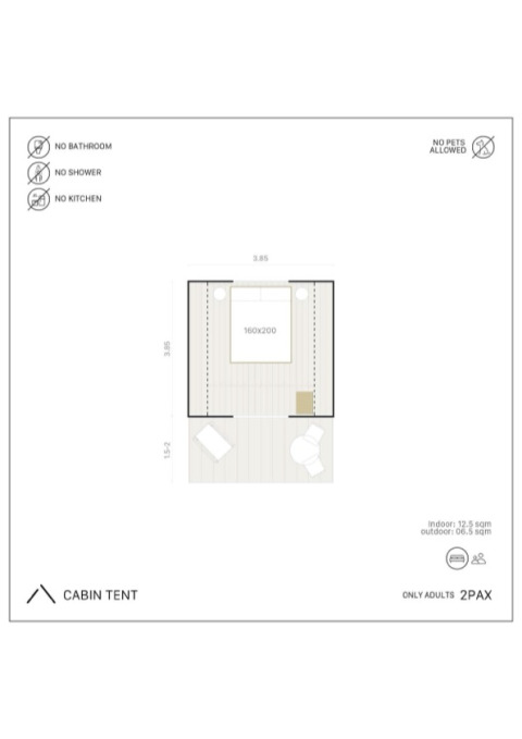 Plattegrond van Cabin Tent safaritent voor 2 volwassenen, zonder badkamer, douche, keuken of huisdieren.