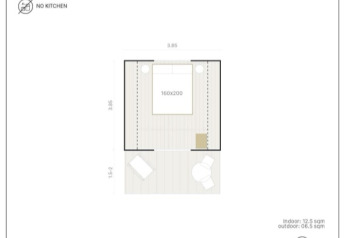 Plan de la tente safari Cabin Tent pour 2 adultes, sans salle de bain, douche, cuisine ou animaux autorisés.