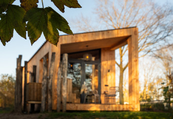 Houten lodge Wellness Duynzicht bij Sandberghe in Nederland, met groene bladeren mooi op de voorgrond.