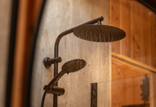 Showerhead at Wellness Duynzicht in Sandberghe, Netherlands. Modern design with wooden wall background.