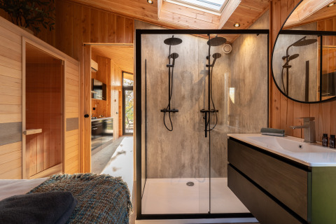 Modern bathroom featuring double rain showers, sauna, and wood interiors at Wellness Duynzicht in Sandberghe.