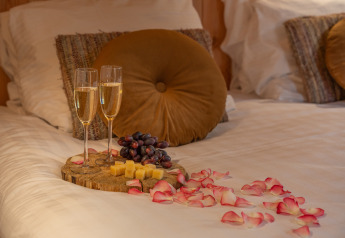 Atmosfera romantica al Wellness Duynzicht, Sandberghe con champagne, formaggio, uva e petali di rosa sul letto.