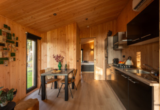 Moderne lodge Wellness Duynzicht bij Sandberghe, Nederland, met houten interieur en open keuken.