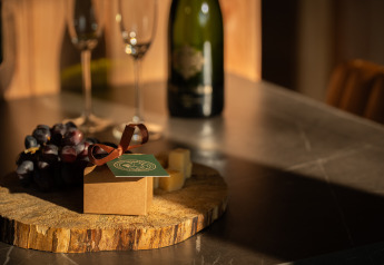 Scatola regalo con nastro, uva, formaggio, bottiglia di vino e bicchieri al Wellness Duynzicht, Sandberghe.