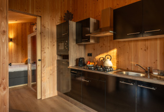 Modern ausgestattete Lodge-Küche mit Holzwänden bei Wellness Duynzicht in Sandberghe, Niederlande.