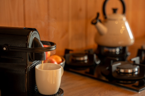 Coffee machine brewing into a mug with kettle and stove in Wellness Duynzicht lodge, Sandberghe, Netherlands.