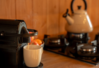 Coffee machine brewing into a mug with kettle and stove in Wellness Duynzicht lodge, Sandberghe, Netherlands.
