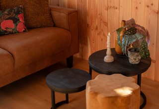 Cozy lounge at Wellness Duynzicht, Sandberghe in the Netherlands, with brown sofa, pillows, and a lit candle.