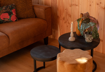 Salottino accogliente al Wellness Duynzicht, Sandberghe nei Paesi Bassi, con divano marrone e pianta.