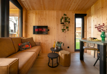 Moderne lodge woonkamer bij Wellness Duynzicht op Sandberghe, Nederland, met houten muren, bank en Netflix-tv.