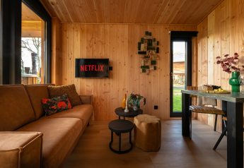 Moderne lodge woonkamer bij Wellness Duynzicht op Sandberghe, Nederland, met houten muren, zetel en Netflix-tv.