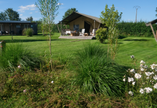 Blick auf La Maison Bornat Ferienpark in Bourgogne, Frankreich, mit Rasen, Blumen und einem Zeltbungalow.