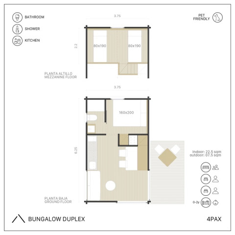 Plano de Bungalow Duplex en Wecamp Cala Montgó, España, para 4 personas, con cocina, baño y área exterior.