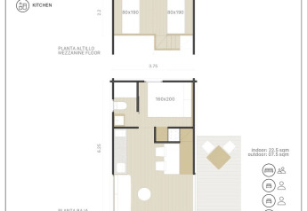 Plano de Bungalow Duplex en Wecamp Cala Montgó, España, para 4 personas, con cocina, baño y área exterior.