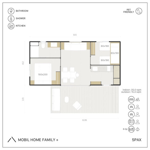 Plattegrond van Mobil Home Family Plus bij Wecamp Cala Montgó, Spanje, geschikt voor vijf gasten.