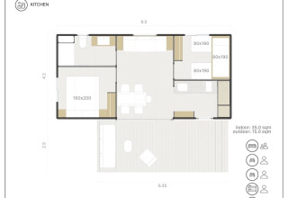 Plattegrond van Mobil Home Family Plus bij Wecamp Cala Montgó, Spanje, geschikt voor vijf gasten.