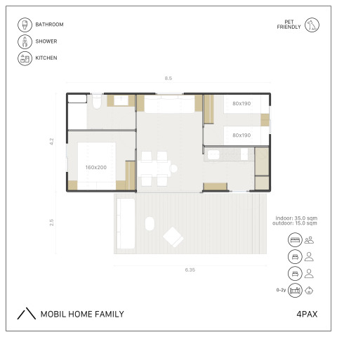 Plan du MOBILE HOME FAMILY tiny house à Wecamp Cala Montgó en Espagne, avec disposition des pièces et mesures.
