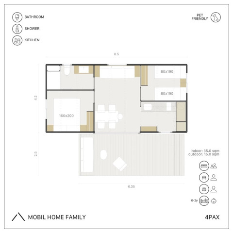 Plattegrond van de tiny house 'Mobil Home Family' bij Wecamp Cala Montgó met slaapkamers, terras en voorzieningen.