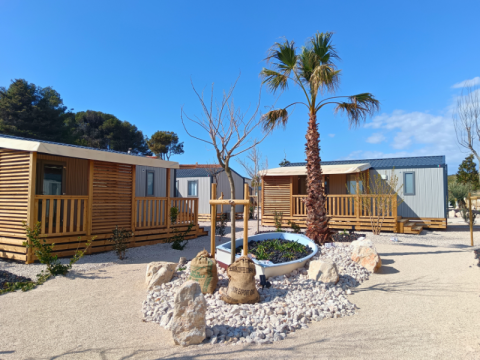 Modern wooden cabins with porches and palm trees at Campsite Les Tamaris, Provence-Alpes-Côte d’Azur, France.