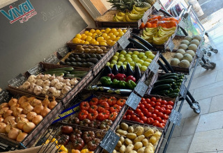 Banco di frutta e verdura al Campeggio Les Tamaris, Provenza-Alpi-Costa Azzurra, Francia, prodotti freschi in mostra.
