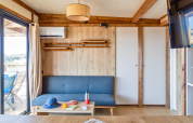 Soggiorno luminoso e moderno nel Premium chalet al Campeggio Les Tamaris, con divano grigio, tavolo e terrazza.
