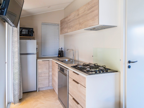 Modern kitchen in a Premium mobile home at Campsite Les Tamaris, featuring fridge, stove, and dishwasher.