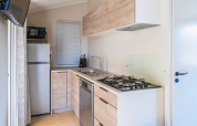 Modern kitchen in a Premium mobile home at Campsite Les Tamaris, featuring fridge, stove, and dishwasher.