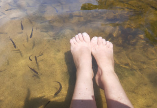 Piedi immersi nell'acqua limpida con pesciolini al campeggio Ushuaïa Villages Le Viaduc in Auvergne-Rhône-Alpes, Francia.