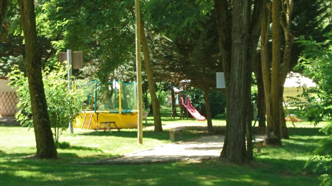 Campeggio verde con area giochi, scivolo e trampolino circondato da alberi in Alvernia-Rodano-Alpi, Francia.