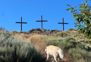 Un cane sale una collina erbosa con tre croci sotto il cielo azzurro a Ushuaïa Villages Le Viaduc, Francia.