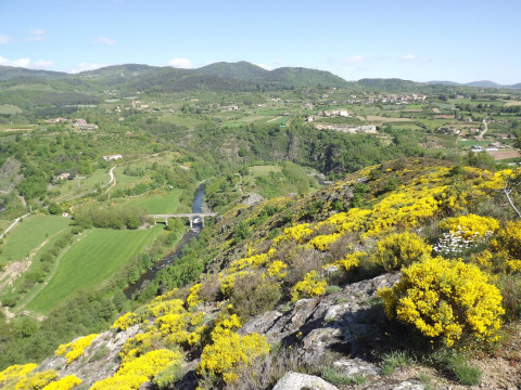 Vista su una valle verde, fiume, ponte e fiori gialli a Ushuaïa Villages Le Viaduc in Auvergne-Rhône-Alpes.