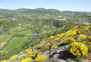 View of lush valley, river, bridge, and yellow wildflowers at Ushuaïa Villages Le Viaduc in Auvergne-Rhône-Alpes.