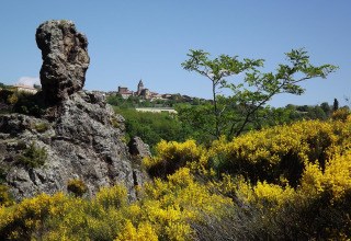 Vista panoramica su grandi rocce, fiori gialli e un villaggio sullo sfondo in Auvergne-Rhône-Alpes, Francia.