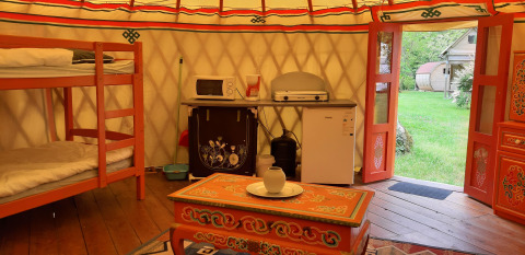 Binnenkant van een traditionele yurt met stapelbed, keukenhoekje, opvallende kist en uitzicht op gras.