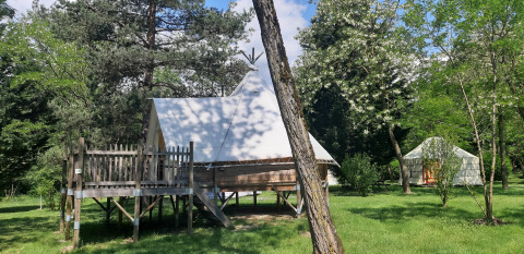 Tipi Lodge al campeggio Ushuaïa Villages Le Viaduc in Francia, circondato da alberi e natura rigogliosa.
