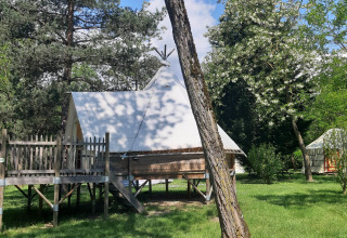 Tipi Lodge al campeggio Ushuaïa Villages Le Viaduc in Francia, circondato da alberi e natura rigogliosa.